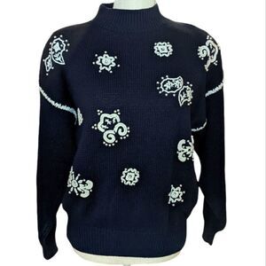 LE MODA Hand embroidered blue knit sweater‎ with pearl details size Large